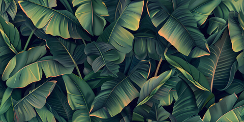 Seamless pattern banana tree and leaves that it is a tropical plant on white background - obrazy, fototapety, plakaty