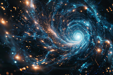 A spiral galaxy with a bright blue center and orange and yellow stars - obrazy, fototapety, plakaty