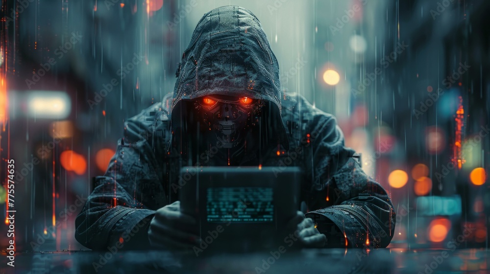 Poster anonymous robot hacker, concept art of cybercrime, surrounded by digital chaos, essence of hacking i