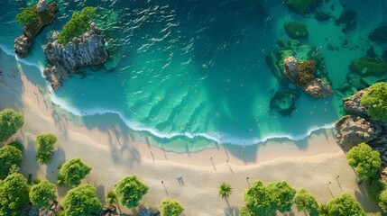 Aerial Sa Calobra, people dotting the shoreline, clear blue embrace, panoramic, ultra high poly, Cinematic, AI Generative