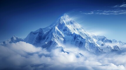 An ultra-realistic depiction of a majestic snowy peak piercing through thick clouds, set against a striking deep blue sky Focus is on the play of light and shadow on the snow's surface, AI Generative