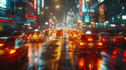 Fototapeta na wymiar Blurred traffic background banner capturing the vibrant energy of city life at night. Streaks of light from moving vehicles create a dynamic and colorful pattern, AI Generative