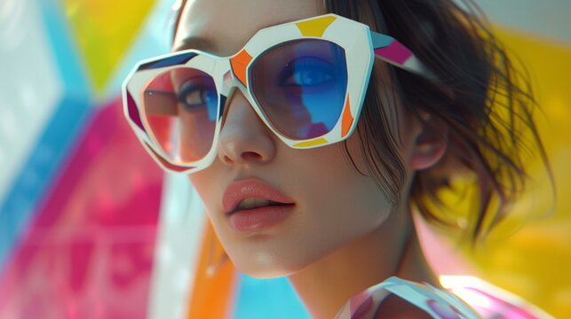 bright colors, stunningly beautiful model wearing massive white and multicolored geometric patterns sunglasses, AI Generative