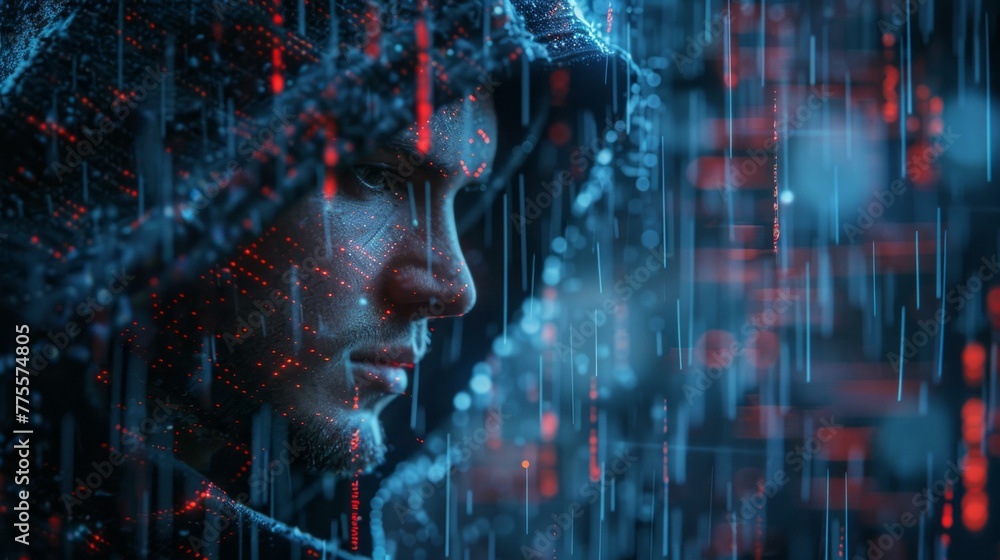 Poster cyber shadow, hacker in hood, face a matrix of codes, abstract blue digital backdrop, essence of cyb
