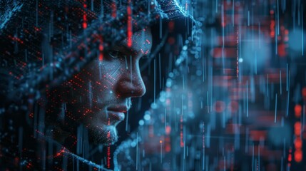 Fototapeta na wymiar Cyber shadow, hacker in hood, face a matrix of codes, abstract blue digital backdrop, essence of cyber threat, AI Generative