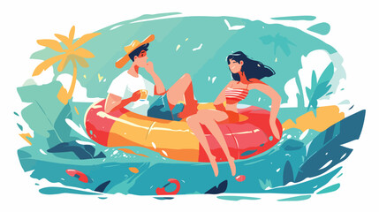 Man and woman on floating raft illustration 2d flat - obrazy, fototapety, plakaty
