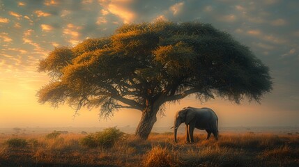 Elephant alone, surreal on a tree, panoramic view, AI Generative