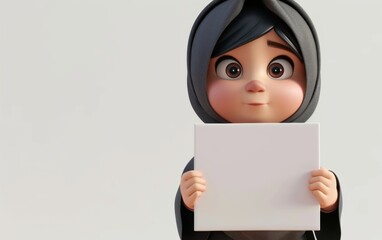 3D character of little girl holding a blank advertising whiteboard sign. Illustrative