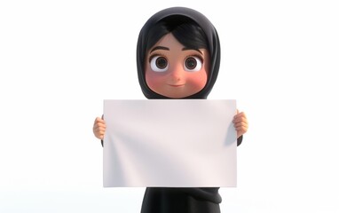 3D character of little girl holding a blank advertising whiteboard sign. Illustrative