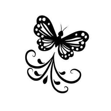 Butterfly silhouette flourished line ornament illustration black art