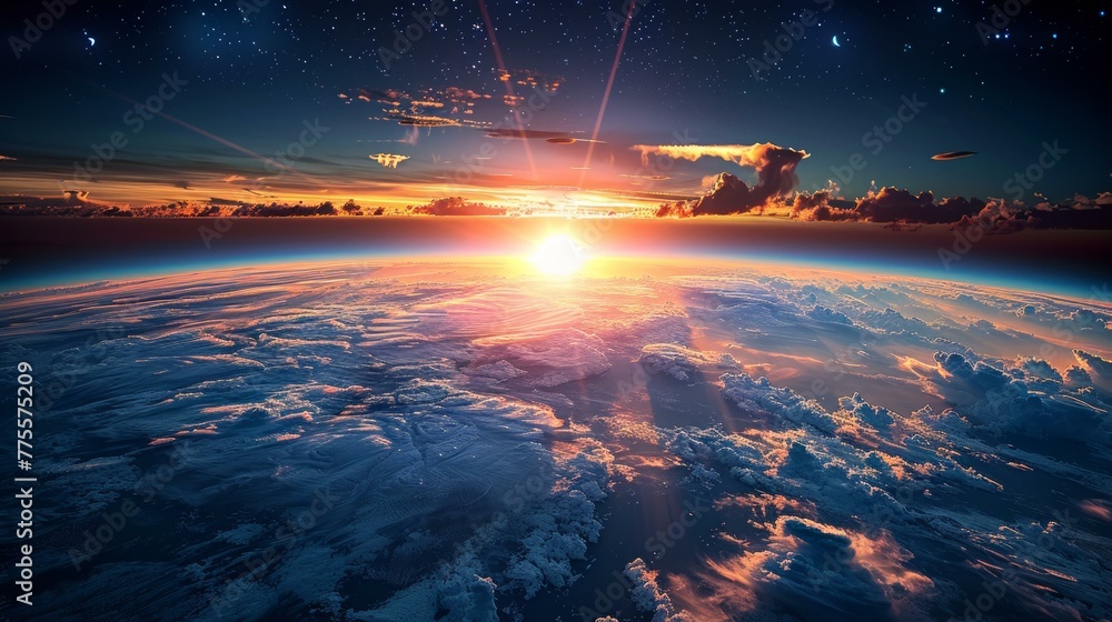 Poster minimalist future ui, clean lines and floating buttons, serene space station orbiting earth, dawn, a