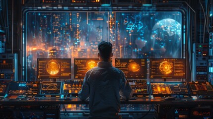 Male system security specialist, intense focus at system control center, glowing screens reflect dedication, embodiment of digital safeguarding, cool blue ambiance, professional, AI Generative