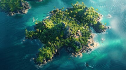 Visualize a breathtaking aerial perspective of a tropical island in the heart of the ocean. Highlight the contrast between the deep blue sea and the rich greenery of the island, AI Generative
