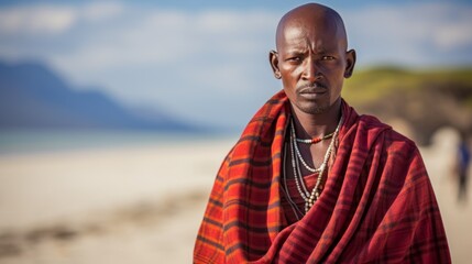 A black African Man of the Masai Mara tribe in bright colorful red orange clothes looks at the camera on the Beach of the Sea on a sunny day. Travel, diversity of Peoples and Races concepts.