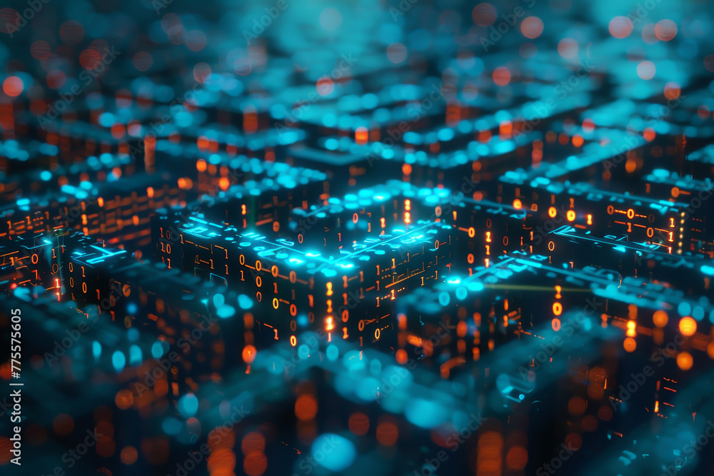 Poster a computer generated image of a cityscape with a blue and orange grid