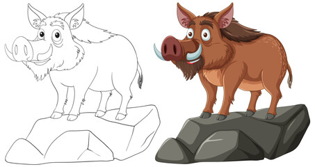 Cartoon boar with sketch on rocks, vector art