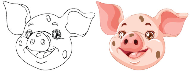 Vector illustration of a pig, from outline to color