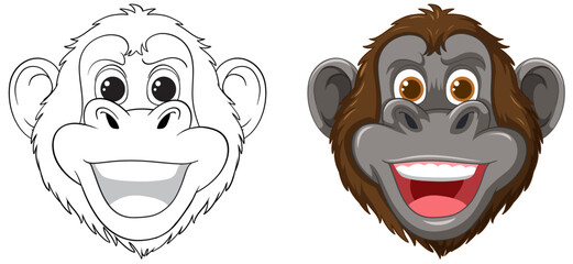 Two smiling monkey faces in black and white and color - obrazy, fototapety, plakaty