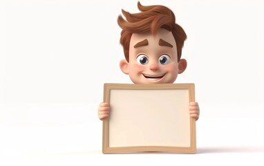 Cartoon boy character holding a blank sheet of paper on a board. 3D display. Advertisement illustrations.