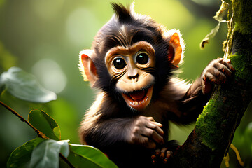 웃고있는 귀여운 아기 원숭이_생성형AI - obrazy, fototapety, plakaty