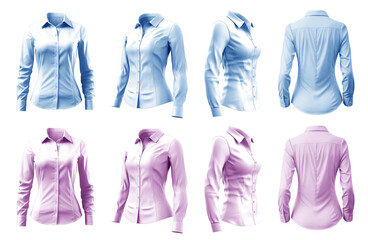 2 Set of woman pastel light blue purple button up long sleeve collar slim fitting shirt front, back side view on transparent background cutout, PNG file. Mockup template for artwork graphic design