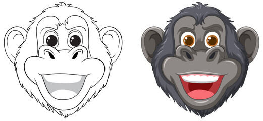 Two stylized chimpanzee faces, one in color. - obrazy, fototapety, plakaty