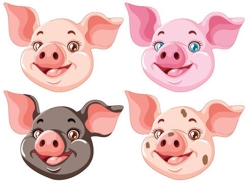 Four happy pig characters with different expressions.