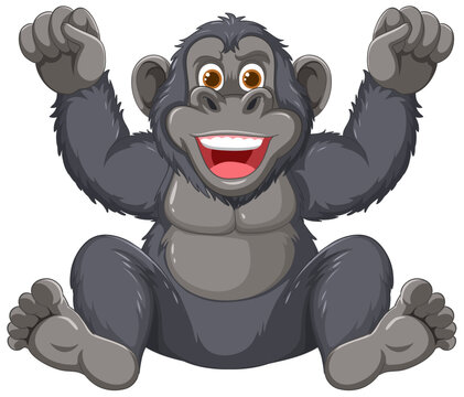 Happy gorilla with raised arms and big smile