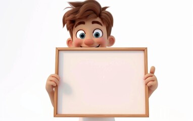 Cartoon boy character holding a blank sheet of paper on a board. 3D display. Advertisement illustrations.