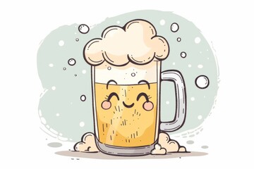 Cartoon cute doodles of a satisfied beer mug with foam and bubbles, enjoying a refreshing drink, Generative AI