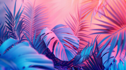 Fototapeta na wymiar Tropical and palm leaves in vibrant bold gradient holographic colors. Concept art. Minimal surrealism.