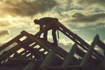 Construction workers working on the roof, construction workers putting up the roof, real estate,...