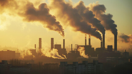 Factory with pollution spewing smokestacks - obrazy, fototapety, plakaty