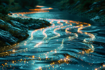 A stream of light is reflected in the water, creating a shimmering effect