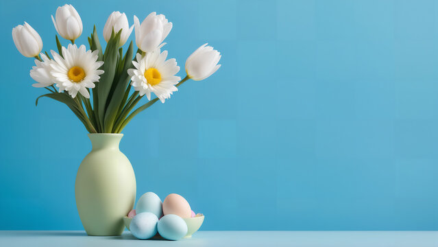 easter eggs and flowers in a vase