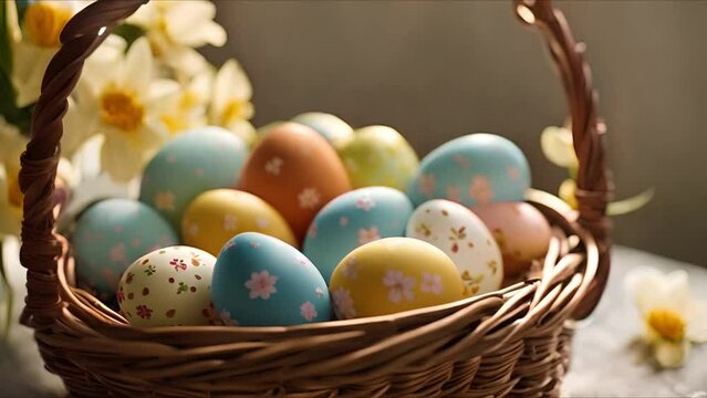 A charming arrangement of Easter eggs, each uniquely decorated, nestled neatly in a woven basket