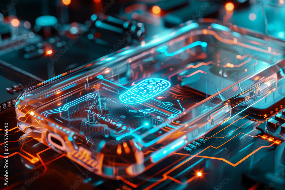 Aufkleber a cell phone with a face on it is displayed on a circuit board