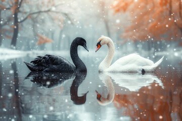 Serene embrace: two swans in love, a graceful display of adoration and unity in the swanst's affectionate bond, a symbol of tranquility and everlasting companionship in the natural world.