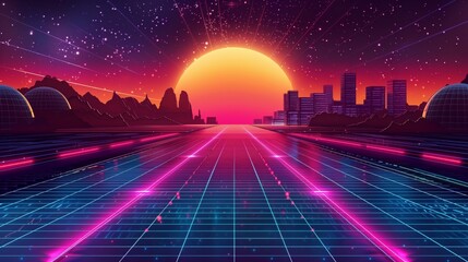 sunset over the city with the grid. synthwave styled landscape. futuristic background. - obrazy, fototapety, plakaty