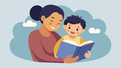 A parent and child snuggled up together sharing a book and leaning against each other with content smiles. The shared time and close physical