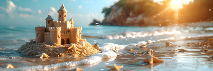 Small Sand Castle on Beach with Defocused Children,
Sandcastles towering over the beach
 - obrazy, fototapety, plakaty