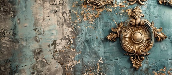 Gold clock on blue wall with peeling paint