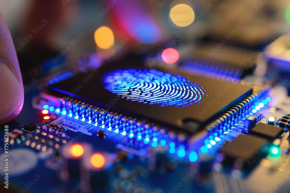 Poster a blue computer chip with a finger print on it