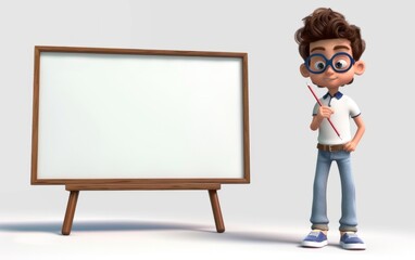 Cartoon character little boy points a finger at a blank board on a white background. 3d render illustration