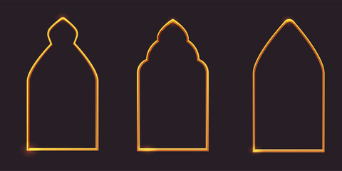 Gold arch thin line border, arab door window minimal frame on dark background. Modern golden elegant decotation. 