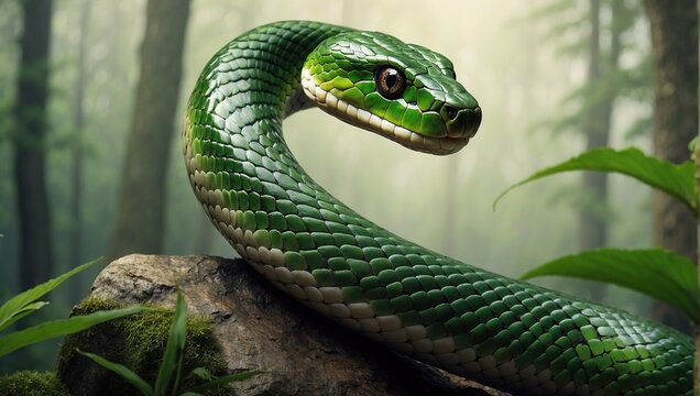 Happy green snake in the spring in the summer in the forest. Happy Chinese New Year 2025, Zodiac sign, Year of the Snake