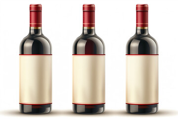 Three bottles of red wine with red caps. The bottles are lined up on a white background