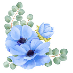 A floral arrangement consisting of blue anemones and eucalyptus leaves for enhancing wedding stationery, event decor, botanical-themed designs, digital creations, artistic projects and decorative