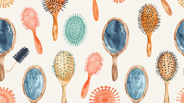 Mirror and hair brush. Seamless pattern with mirror