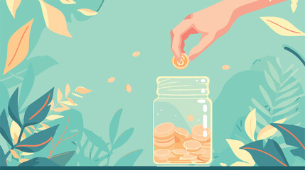 Money saving concept. Hand putting a coin into glas